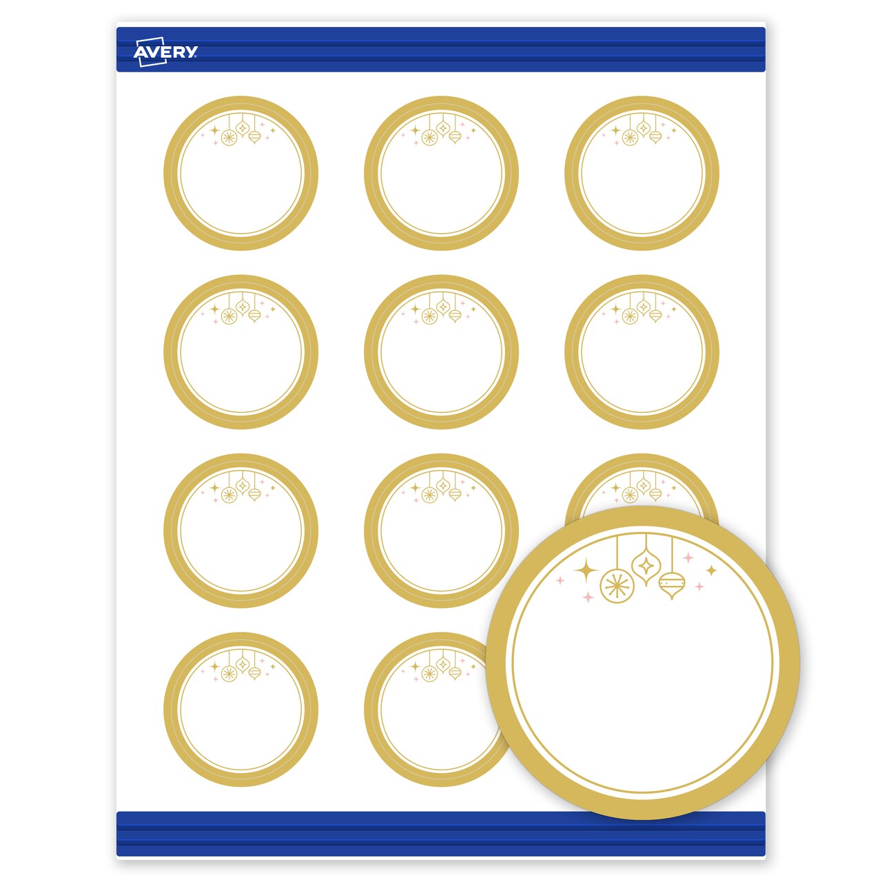 Avery Printable Business Cards with Sure Feed Technology, Round, 2" Diameter, Pre-Printed Metallic Gold Hanging Ornaments Design, Matte White, Laser & Inkjet Compatible, 120 Total